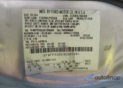 2003 Ford Taurus Ses из США, поврежденный, VIN 1FAFP55263G184584